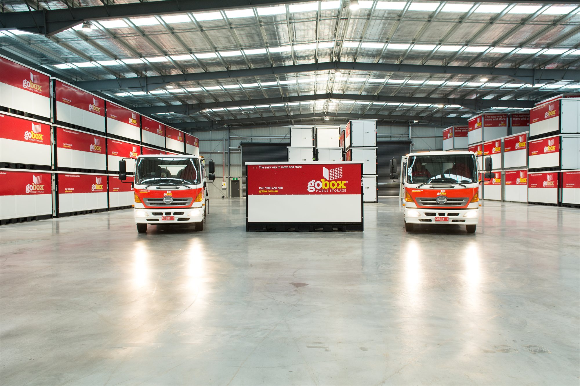 gobox delivery fleet and storage units inside the gobox warehouse