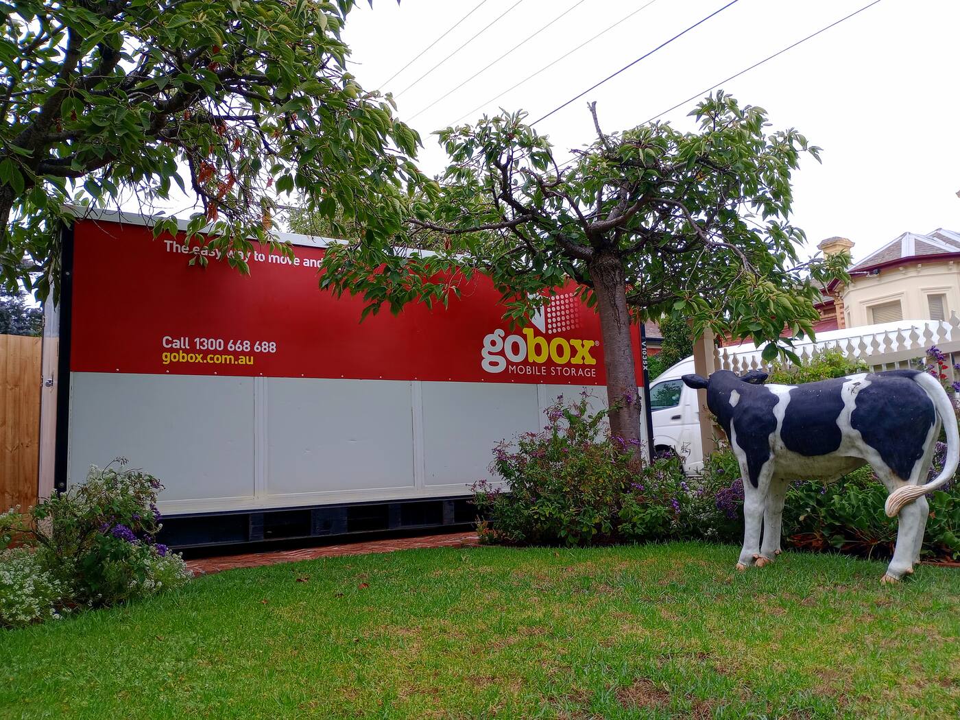 gobox unit on a front lawn ready to pack