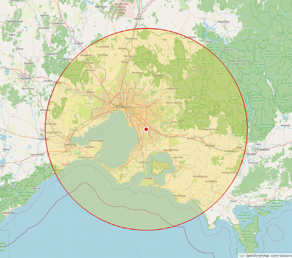 Map of the gobox delivery zone covering up to 100km around our Dandenong South warehouse, Melbourne