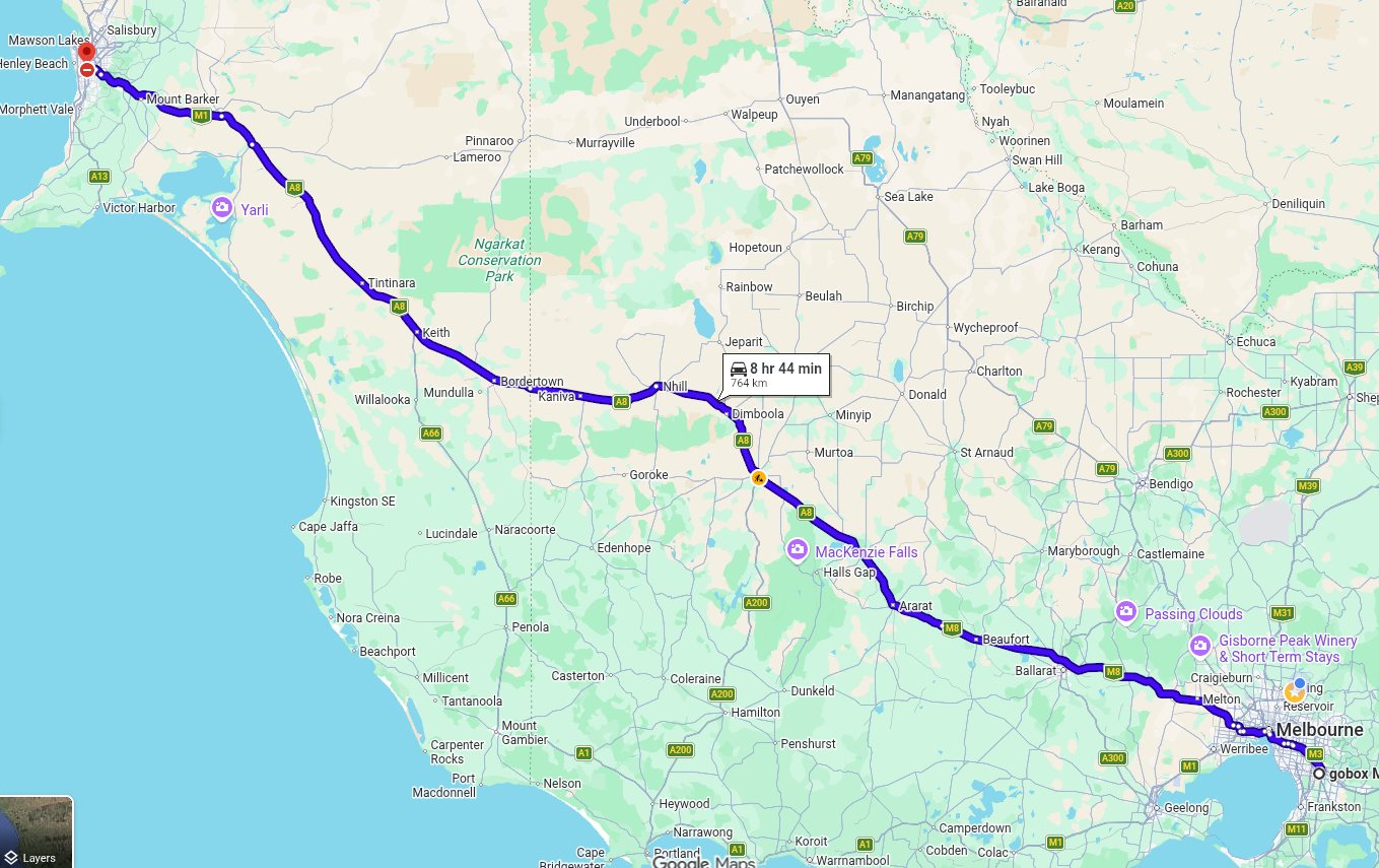 Map of the interstate moving route between Melbourne and Adelaide
