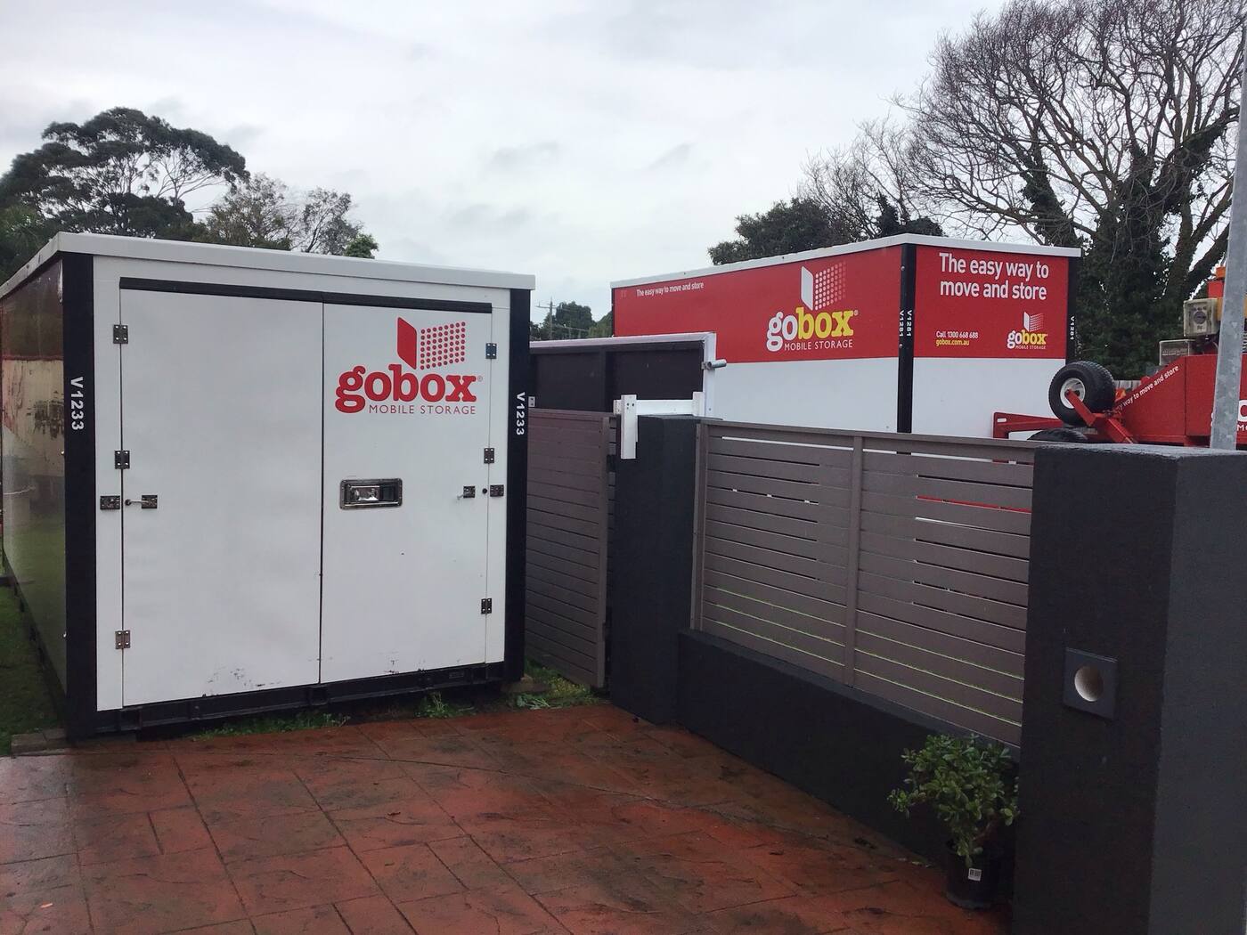 Open gobox unit beside a house, ready to pack